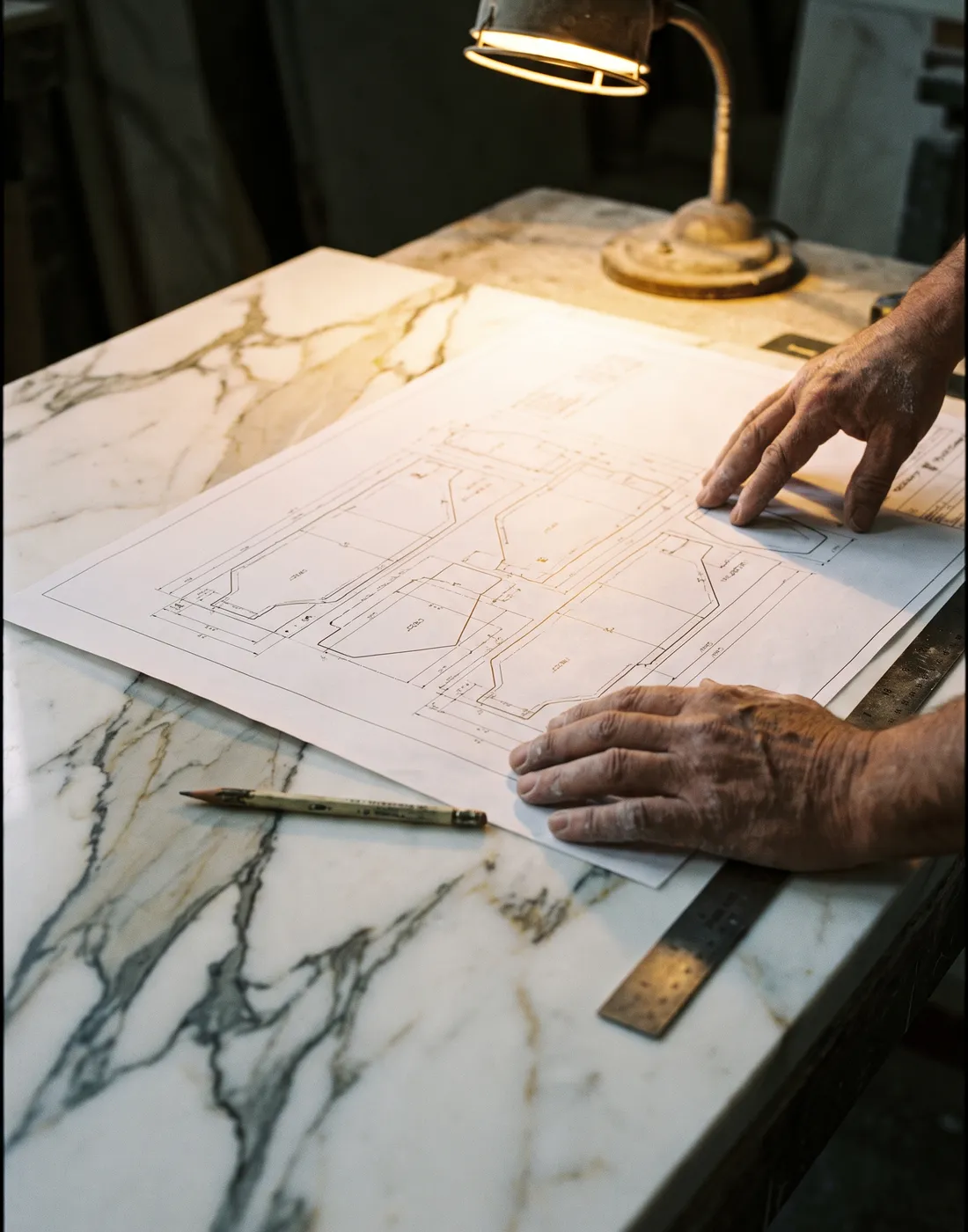 Cutting layout drawn over a marble slab