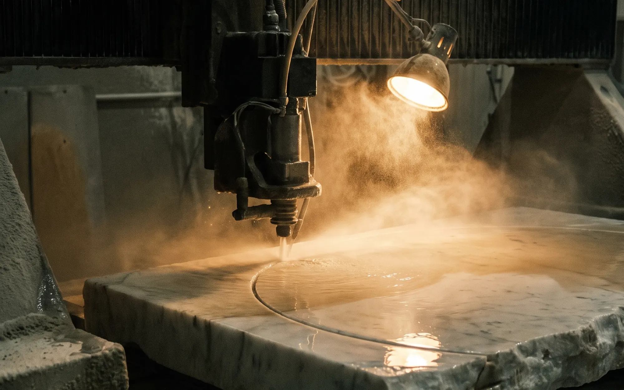 Waterjet cutting a marble slab
