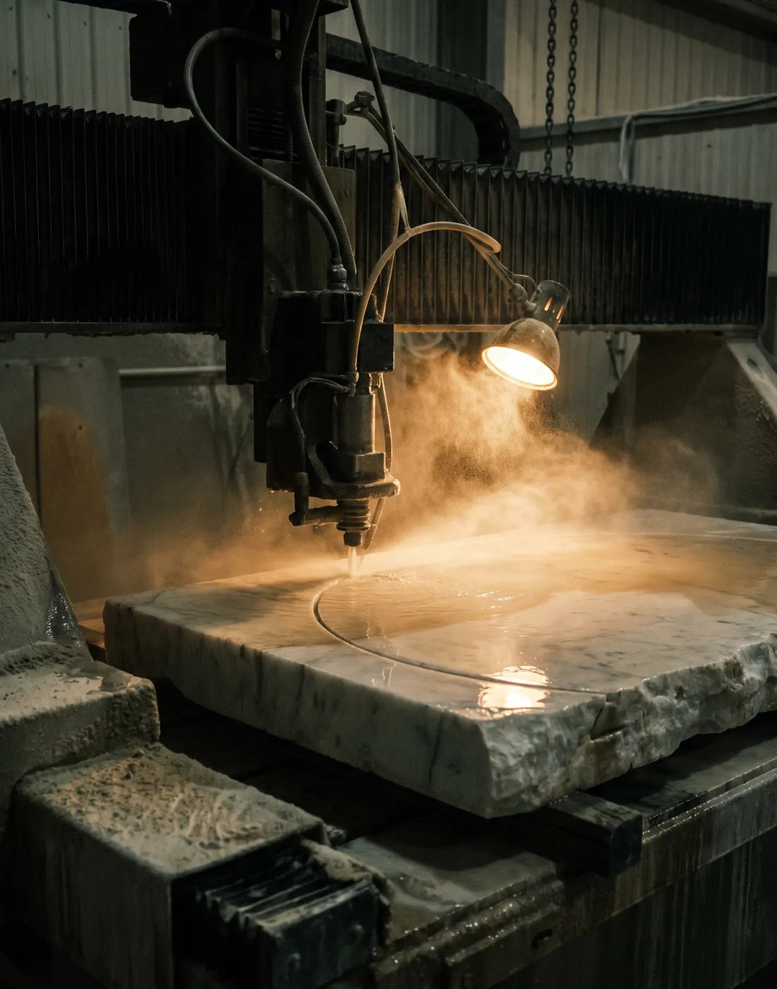 CNC waterjet cutting a marble slab