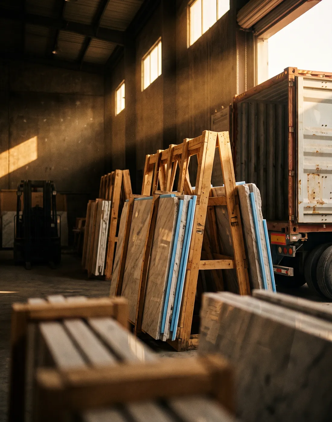 Slabs on A-frames ready for shipping