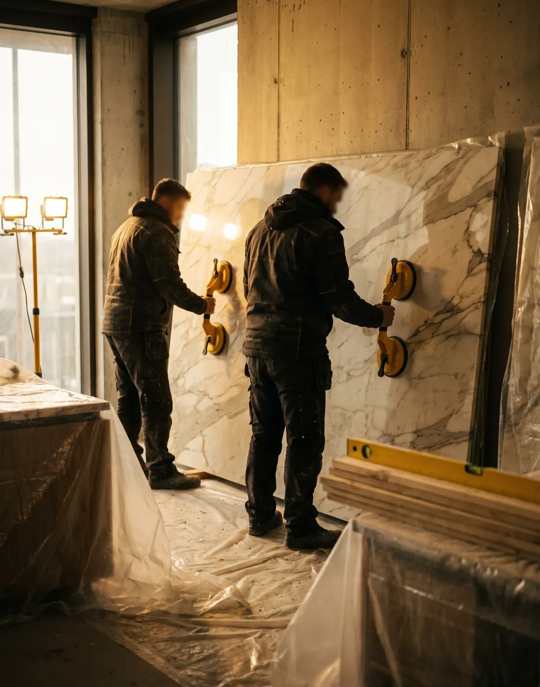Installing a large slab with vacuum lifters